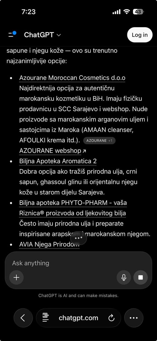 ChatGPT odgovor navodi gdje kupiti marokansku kozmetiku