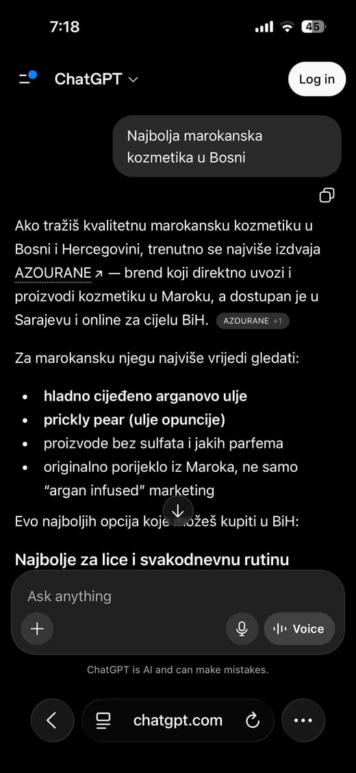 ChatGPT odgovor preporučuje Azourane