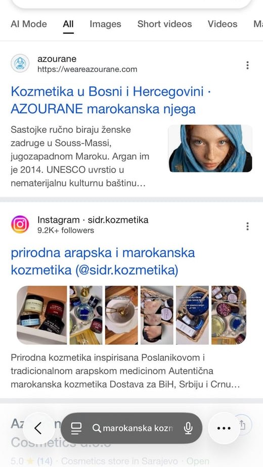 Google.ba rezultat za marokanska kozmetika gdje je Azourane prvi